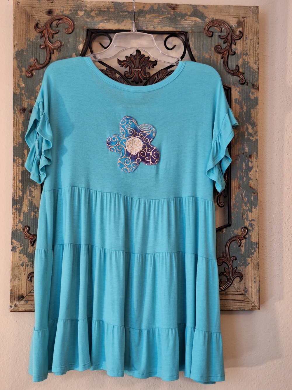 Rework Patchwork BiBi Aqua Tiered Short Sleeve Top. Size S - Picture 7 of 10